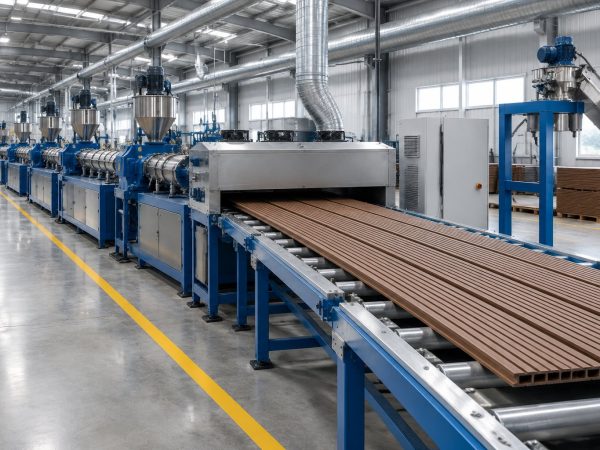 Extrusion line — WPC profiles leaving the die