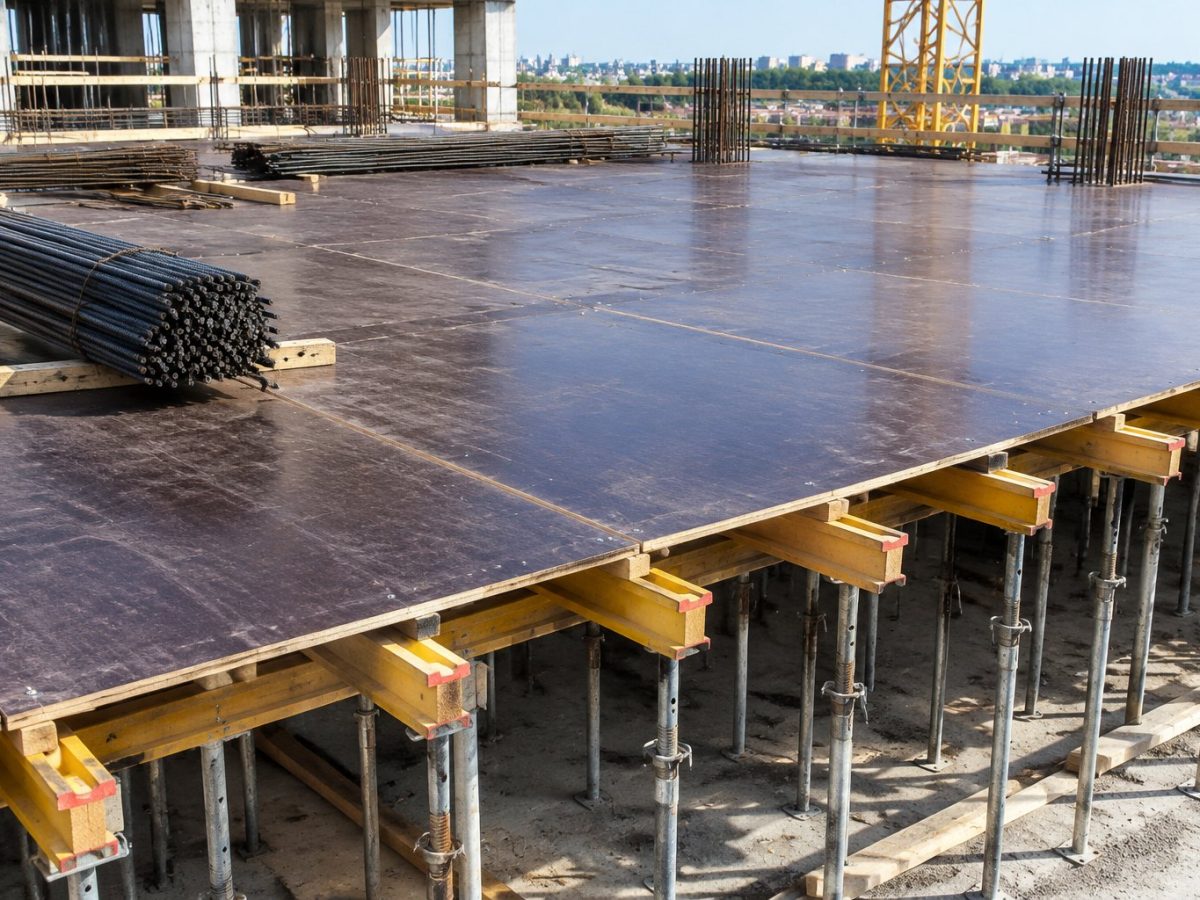Formwork on site — film faced plywood deck before the pour