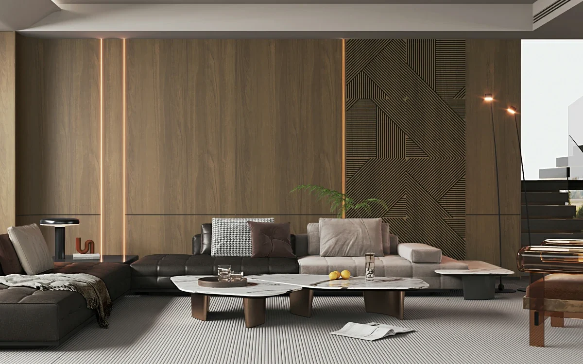 Interior living space with wood-slatted feature wall