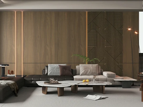 Interior living space with wood-slatted feature wall