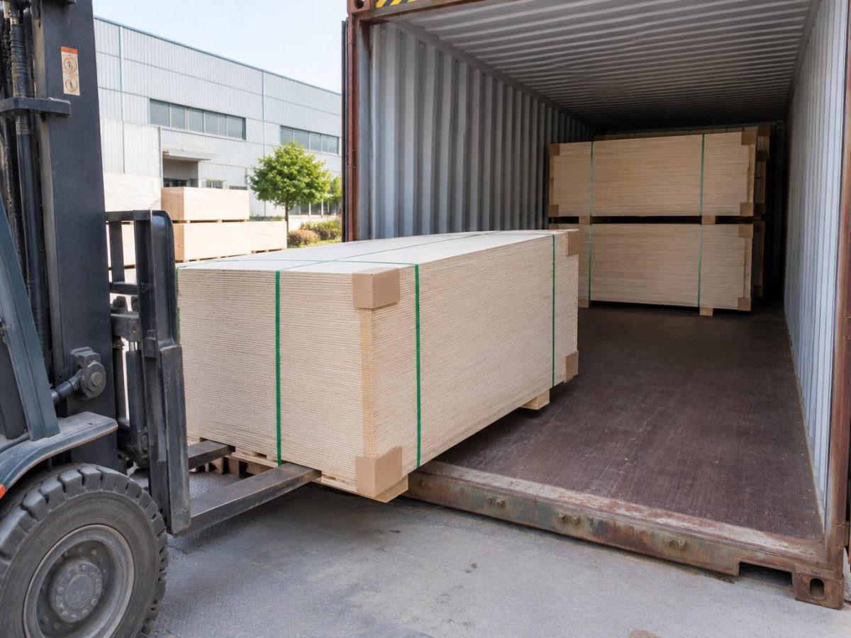 Loading — bundled plywood sheets into a 20ft container