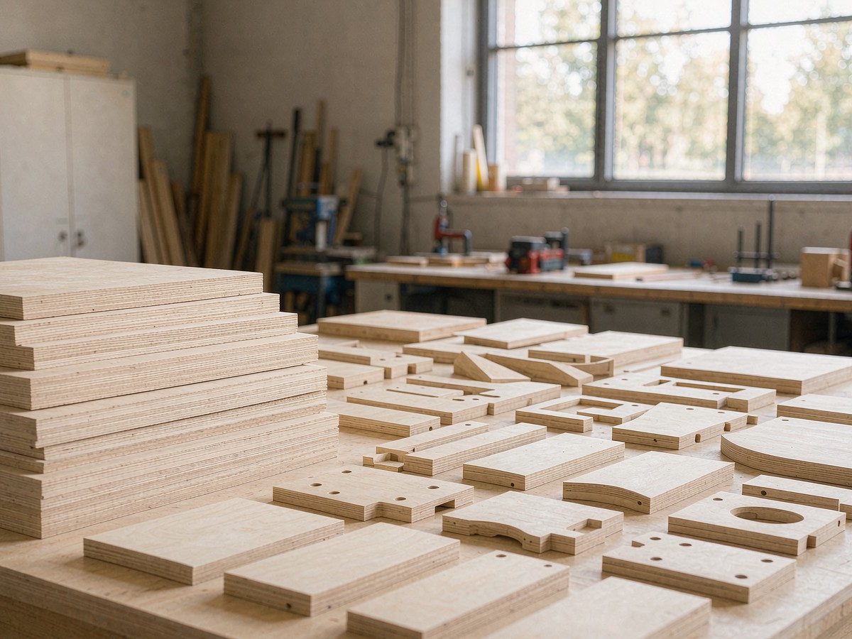Stacked birch plywood and CNC-cut furniture components on a joinery workbench
